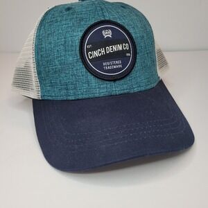 Cinch Trucker Hat Mens OSFM Blue Teal Excellent Logo Patch Snapback Mesh Cap